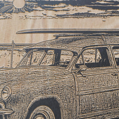 Vintage Beach Station Wagon with Surfboard Engraved Illustration