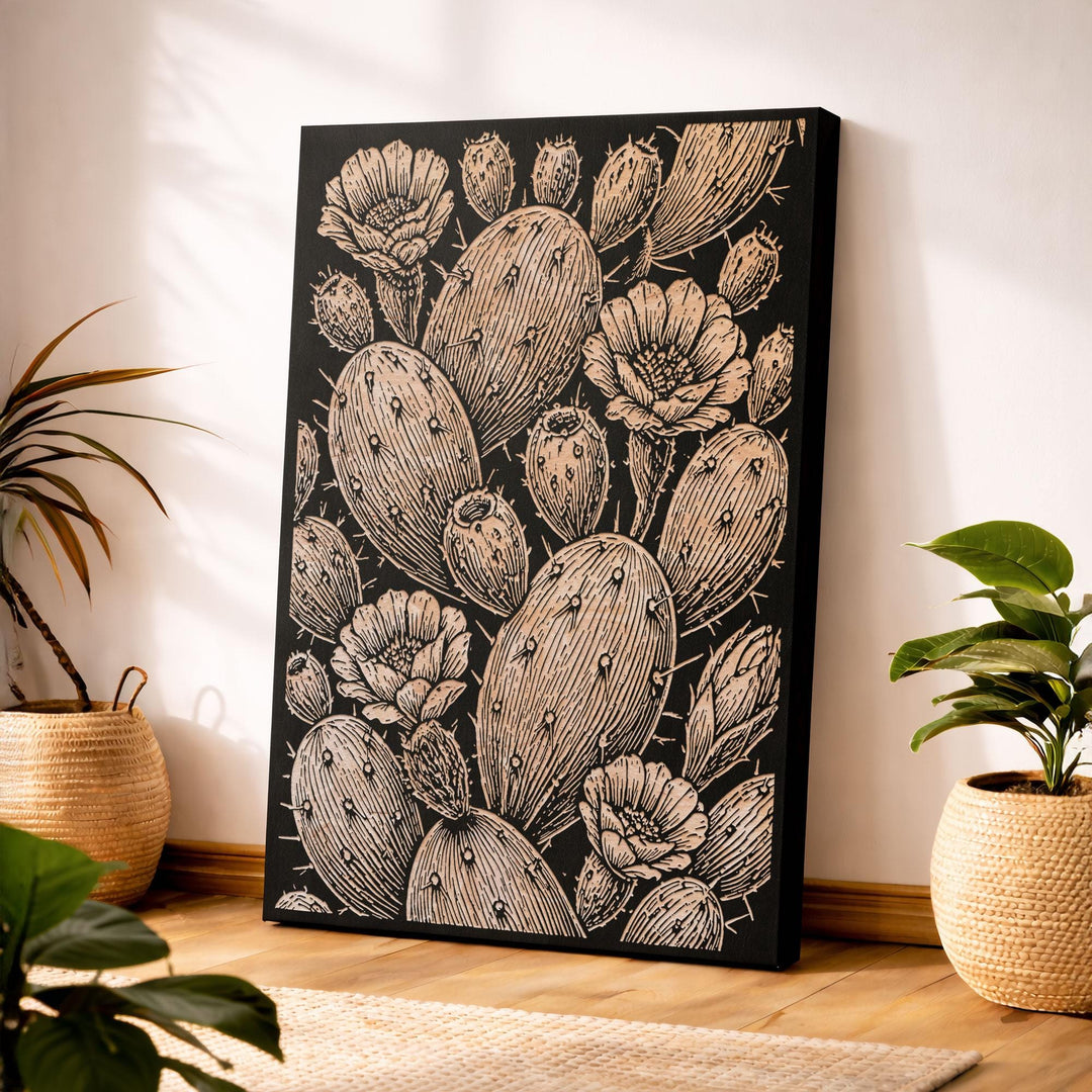 Prickly Pear Cactus Engraved Birch Art Panel