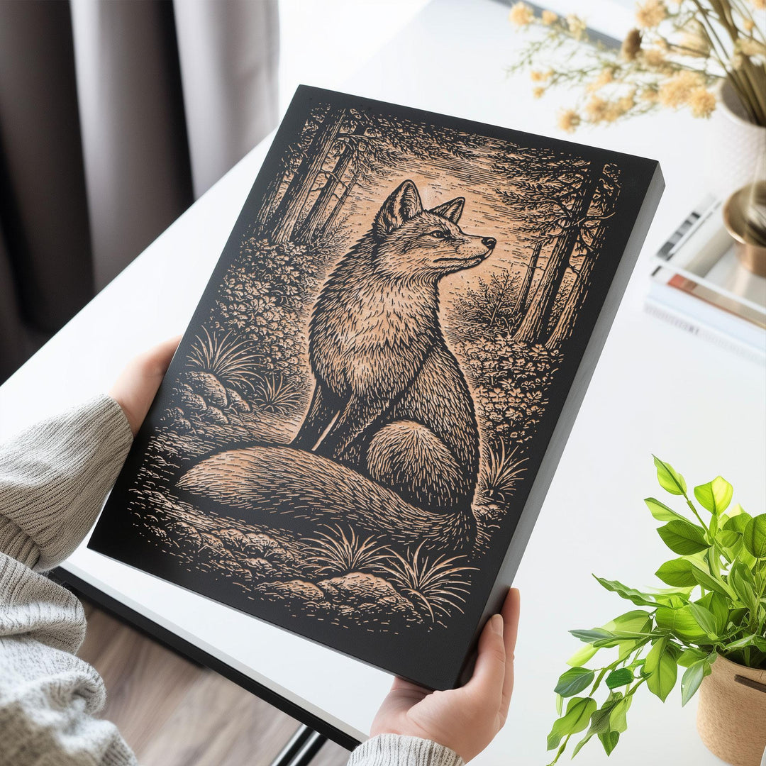 Alert Red Fox in Woodland Setting Engraved Birch Art Panel