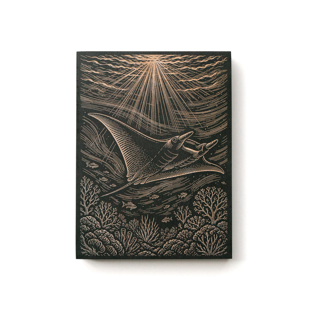 Manta Ray Over Coral Reef Engraved Birch Art Panel