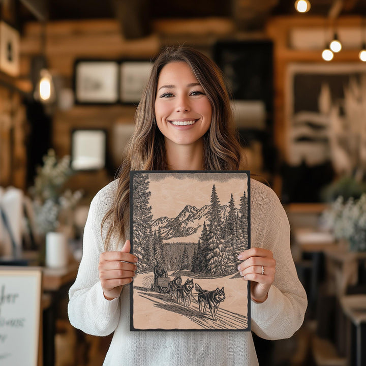 Dog Sledding Engraved Illustration