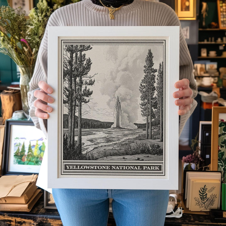 Yellowstone National Park Old Faithful Lithograph Style Print - Vintage Wyoming poster design, archival matte fine art print, Western Gift