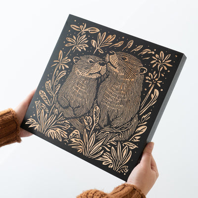 Otters Engraved Birch Wood Panel