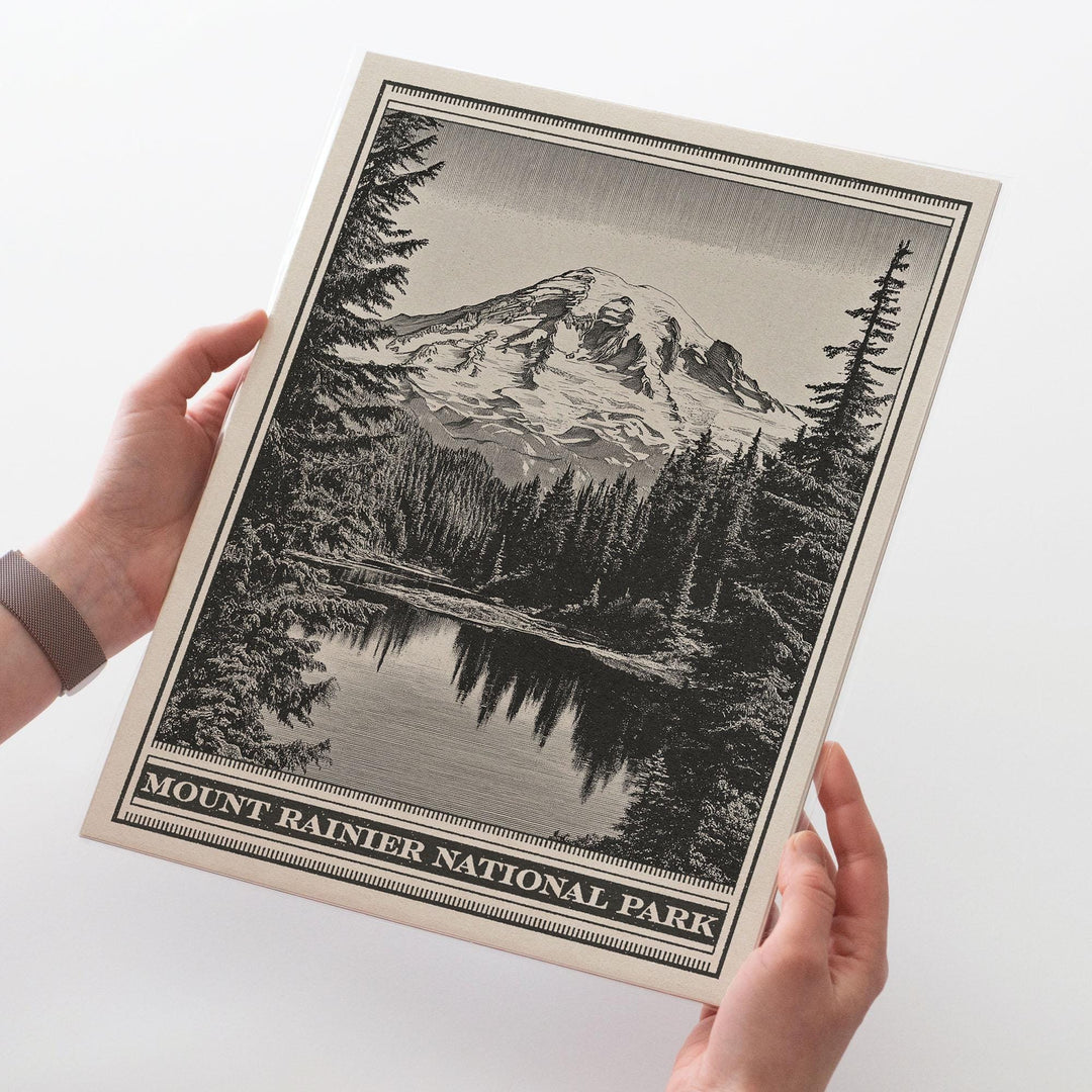 Mount Rainier National Park Lithograph Style Print - Vintage Washington archival matte fine art print. Cascade Range Reflection Lake Gift.