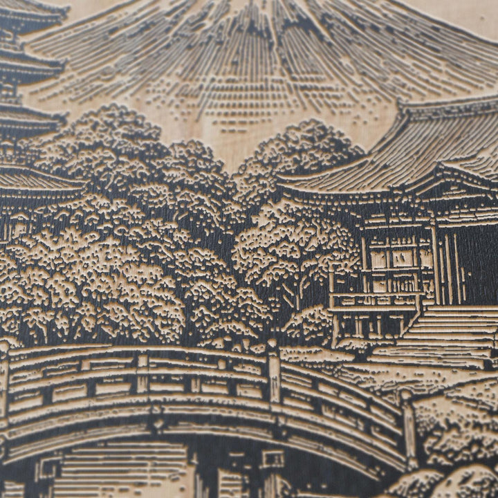 Mount Fuji Japanese Temple Engraved Birch Art Panel