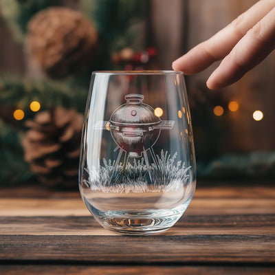 Charcoal Grill Glasses | Backyard BBQ Themed Personalized Whiskey, Wine & Beer Glassware, Grill Master Enthusiast Drinkware, Dad Chef Gift