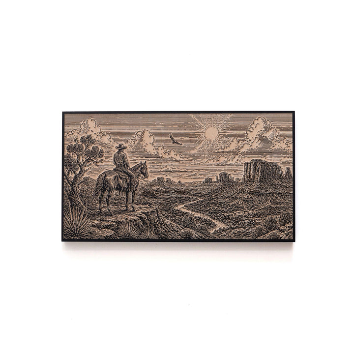 Lone Cowboy Above the Canyon Valley Engraved Illustration