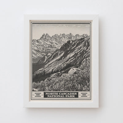 North Cascades National Park Lithograph Style Print - Vintage Washington archival matte fine art print Gift. Thunder Creek Boats dot Ross