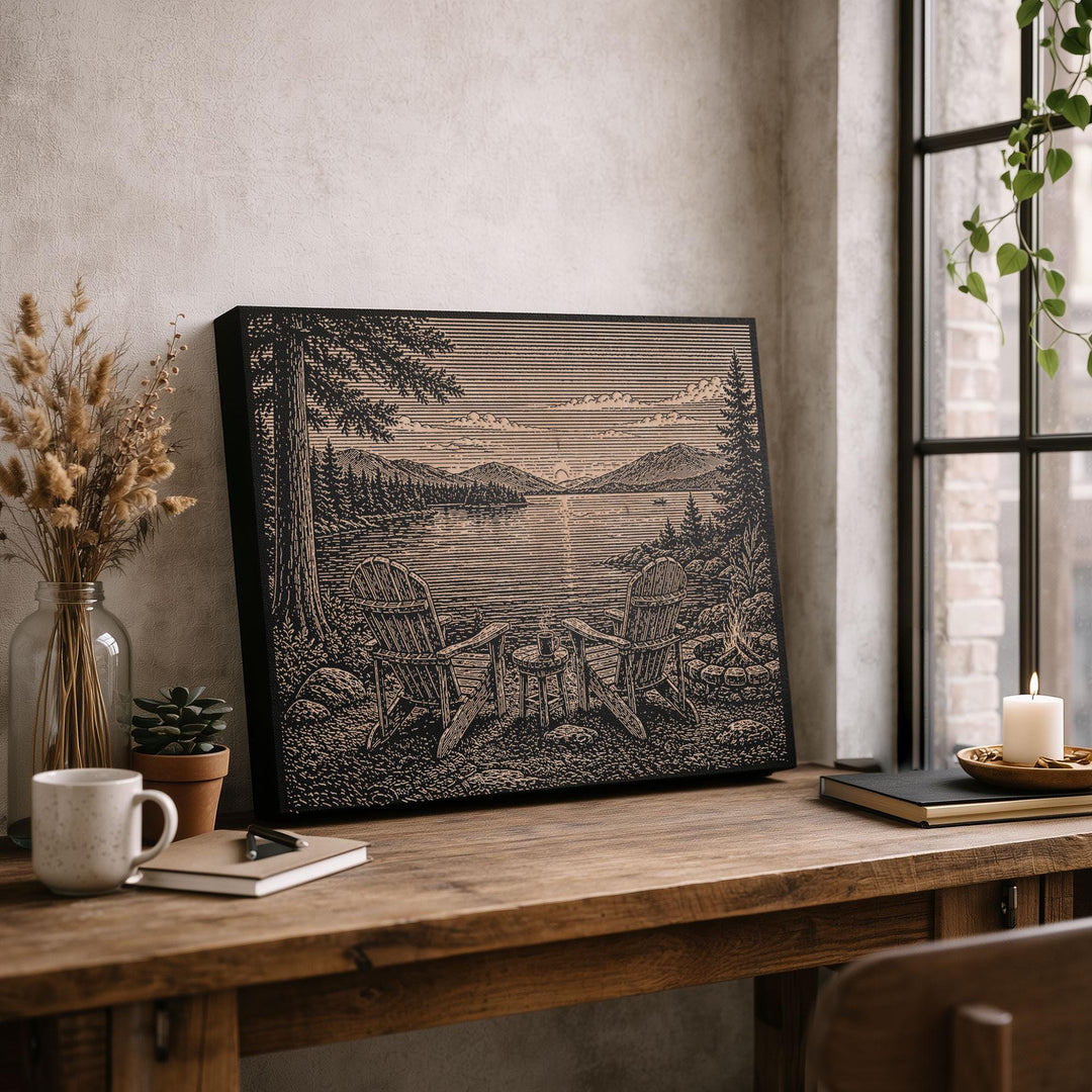 Adirondack Chairs by the Lake Engraved Illustration