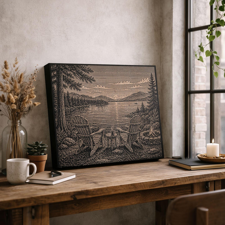 Adirondack Chairs by the Lake Engraved Illustration
