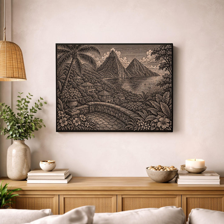 St. Lucia Pitons Engraved Birch Art Panel