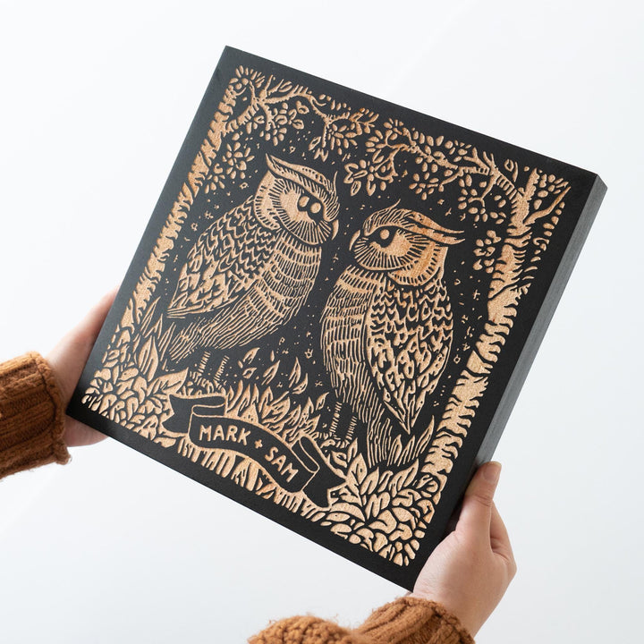 Custom Name Great Horned Owl Couple Engraved Birch Wood Panel