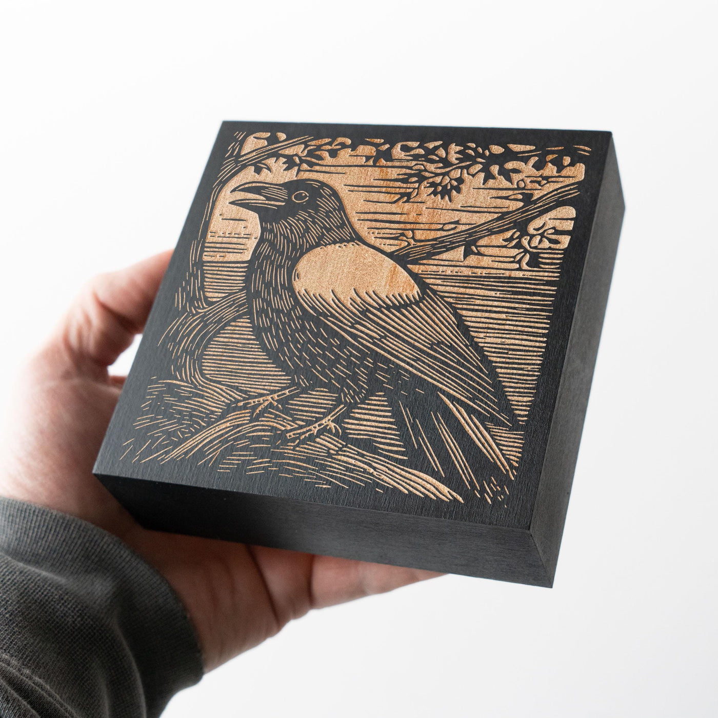 Crow Engraved Birch Wood Panel