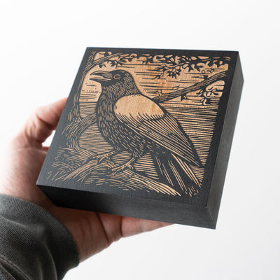 Crow Engraved Birch Wood Panel