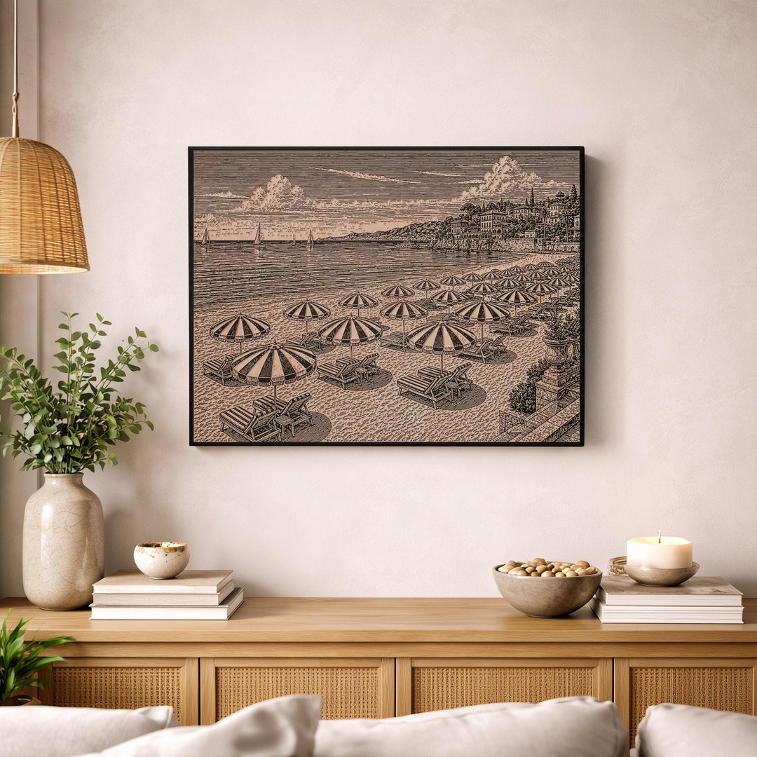Mediterranean Beach Resort Engraved Illustration