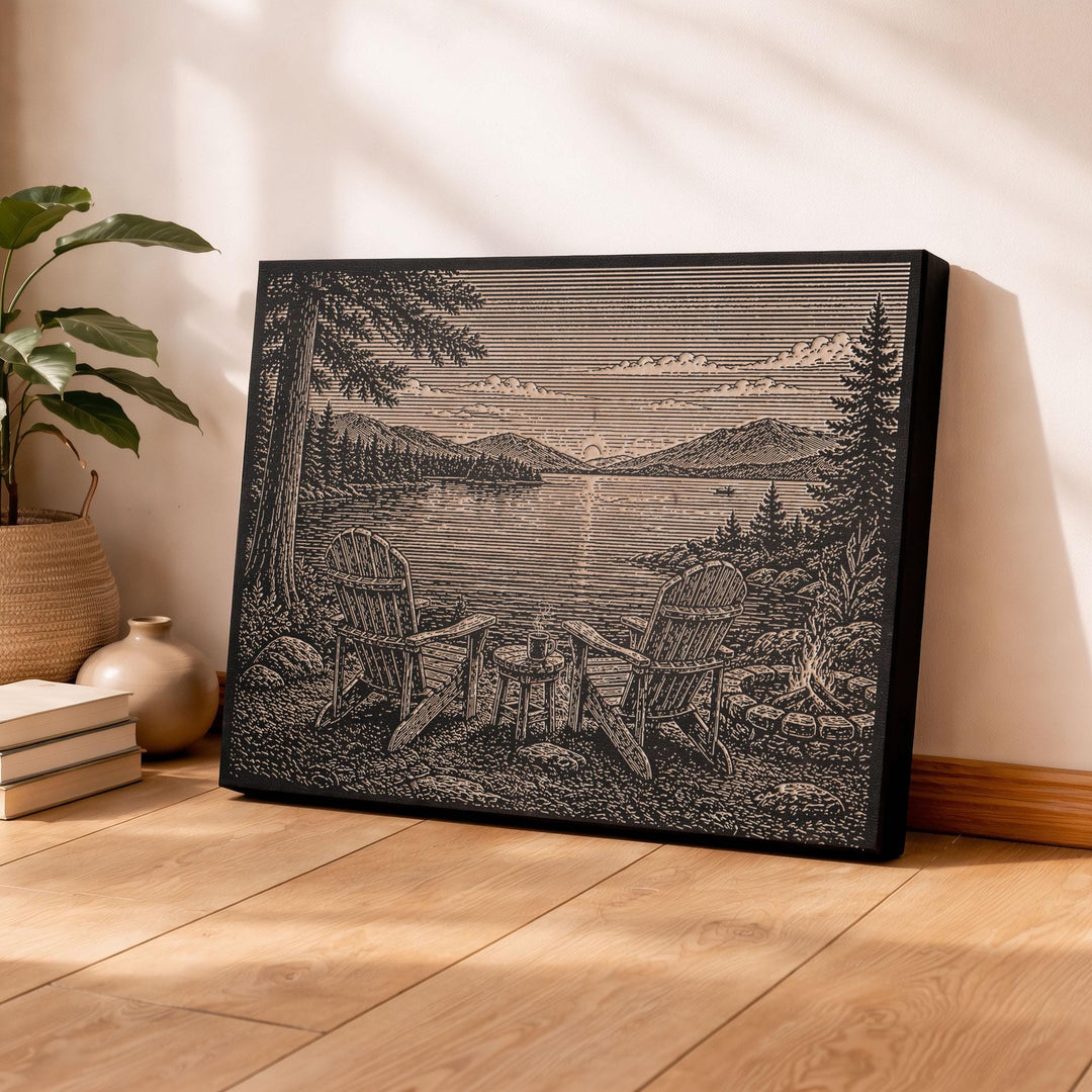 Adirondack Chairs by the Lake Engraved Illustration