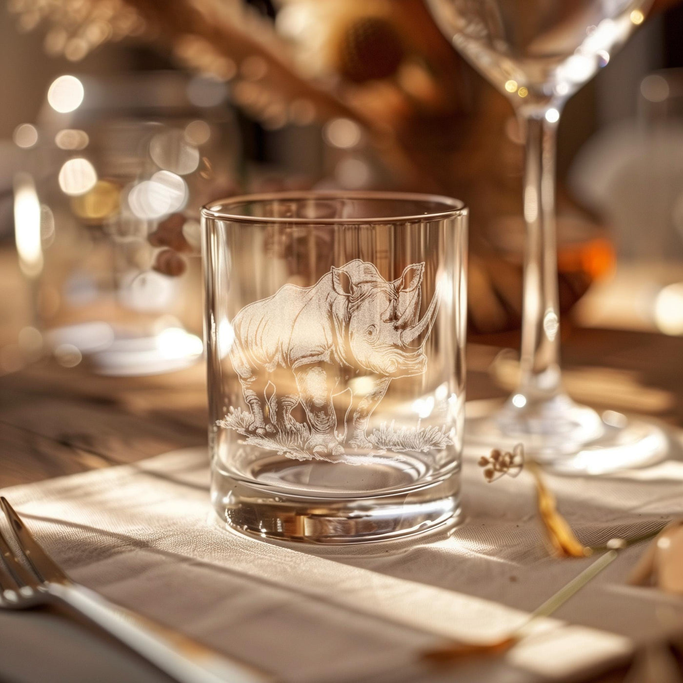 Rhinoceros Glasses | Personalized Safari Whiskey, Wine & Beer Etched Glassware Gift, African Wildlife Themed Drinkware, Memorable Trip Gift.