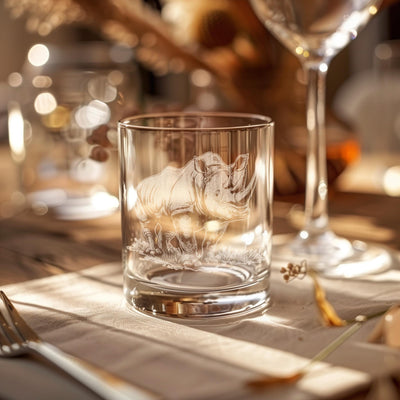 Rhinoceros Glasses | Personalized Safari Whiskey, Wine & Beer Etched Glassware Gift, African Wildlife Themed Drinkware, Memorable Trip Gift.