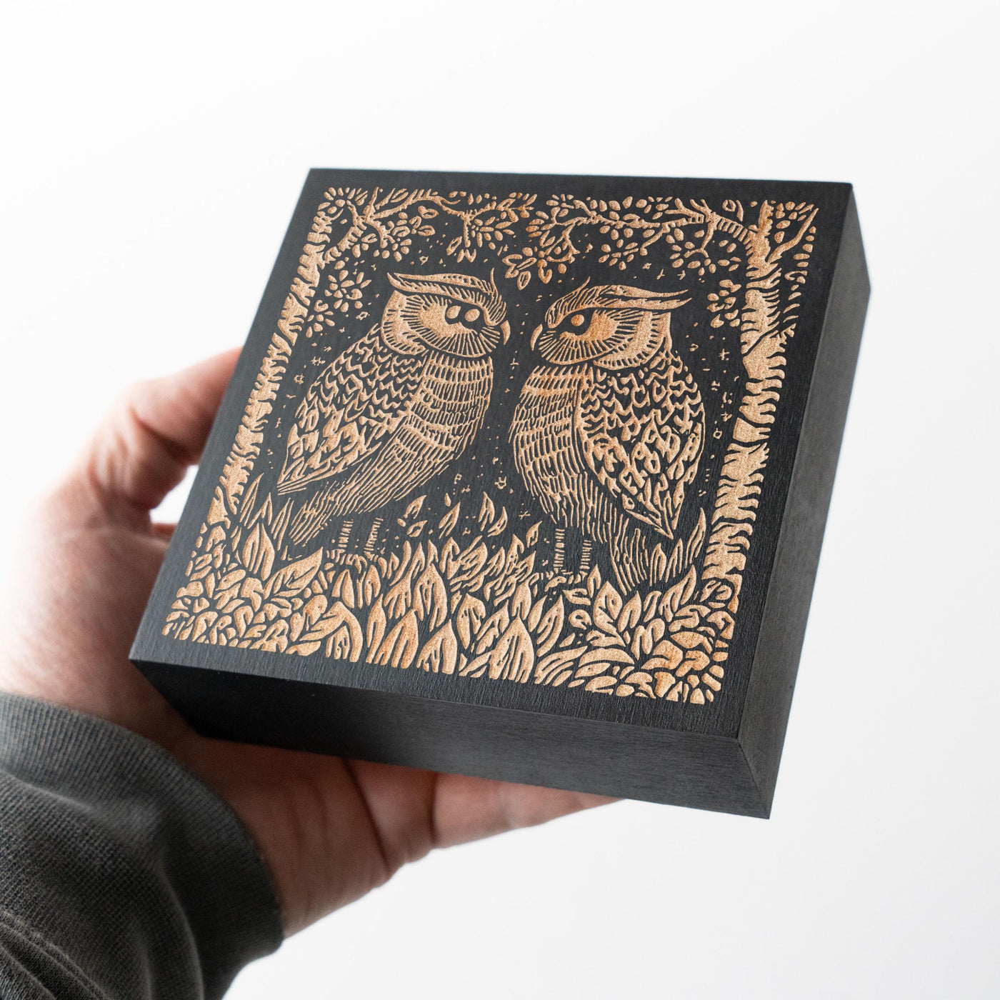 Great Horned Owl Couple Engraved Birch Wood Panel