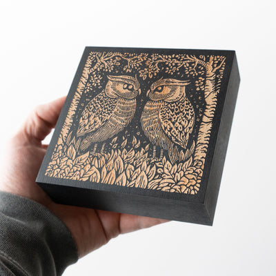 Great Horned Owl Couple Engraved Birch Wood Panel