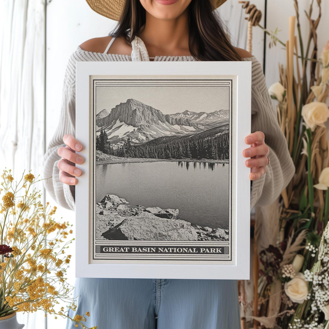 Great Basin National Park Lithograph Style Print - Vintage Nevada archival matte fine art print Gift. South Snake mountains Wheeler Peak.