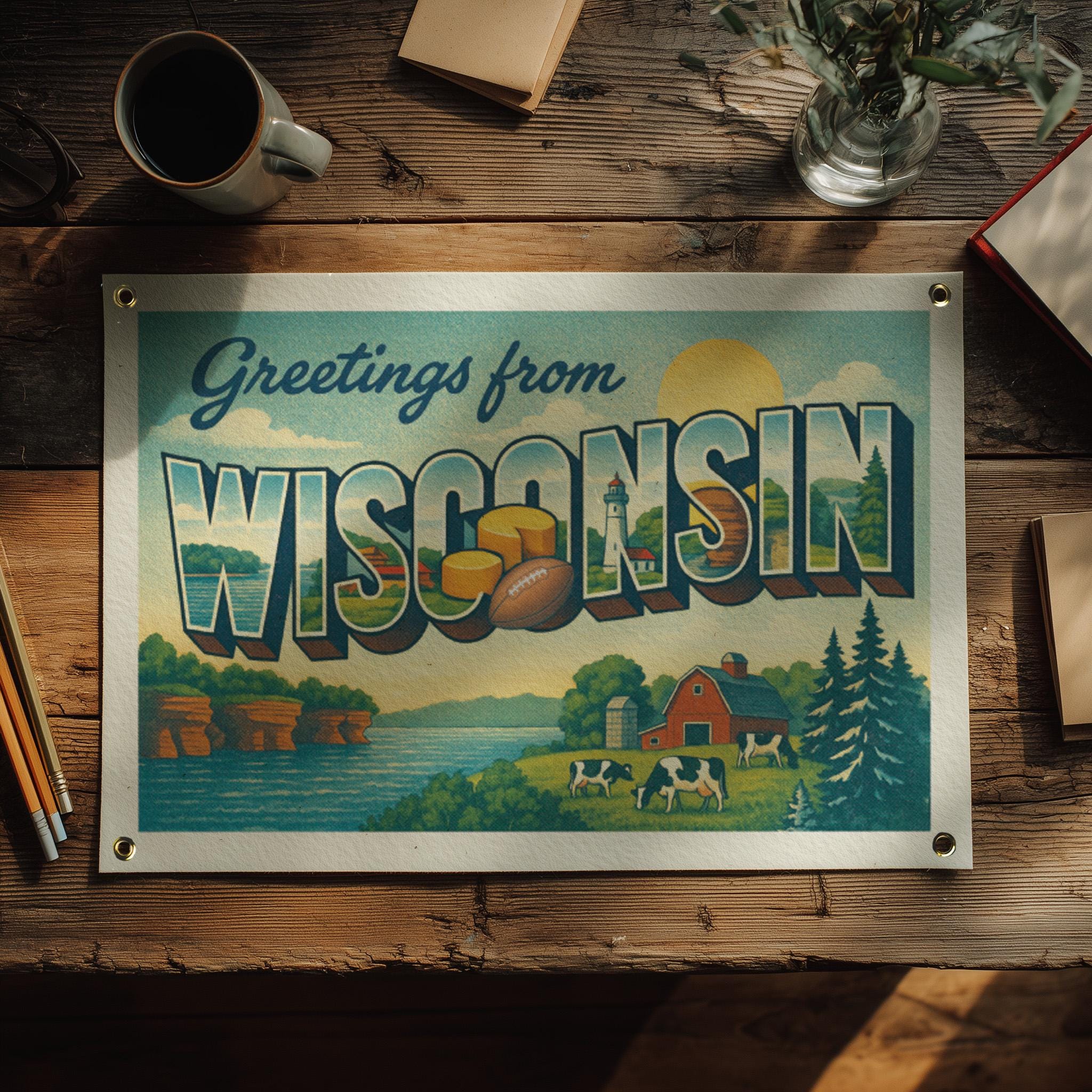 Wisconsin Felt Banner | Retro Greetings From Travel Postcard Wall Art ...