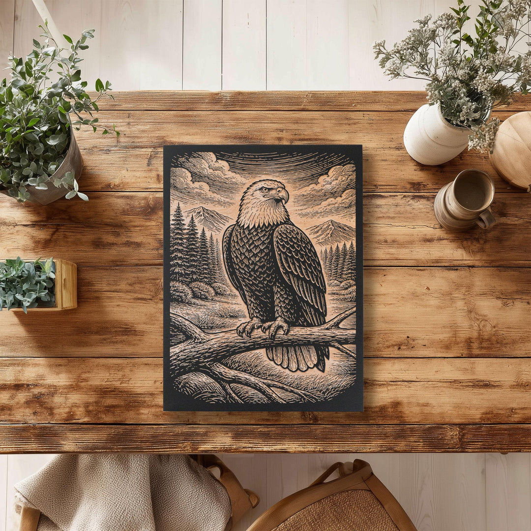 American Frontier Bald Eagle Full Perch Engraved Birch Art Panel