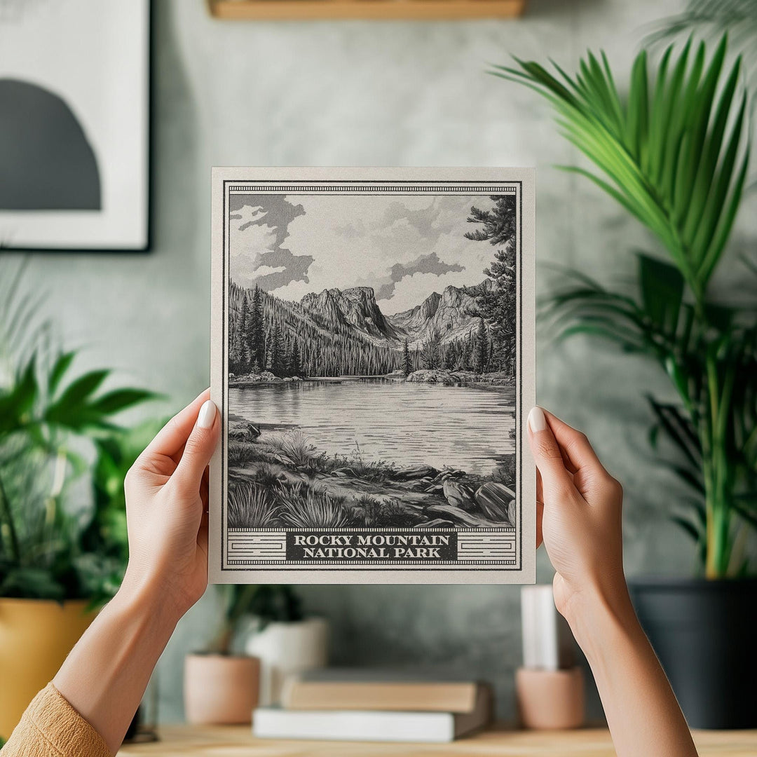 Rocky Mountain National Park Emerald Lake Lithograph Style Print - Vintage Colorado poster design, archival matte fine art print Nature gift