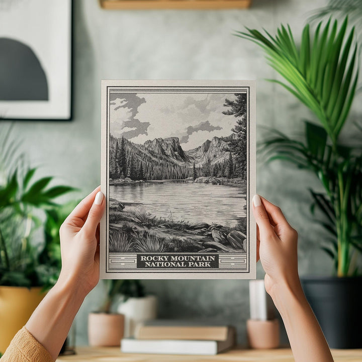 Rocky Mountain National Park Emerald Lake Lithograph Style Print - Vintage Colorado poster design, archival matte fine art print Nature gift