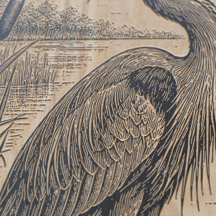 Marshland Great Blue Heron in Reeds Engraved Birch Art Panel