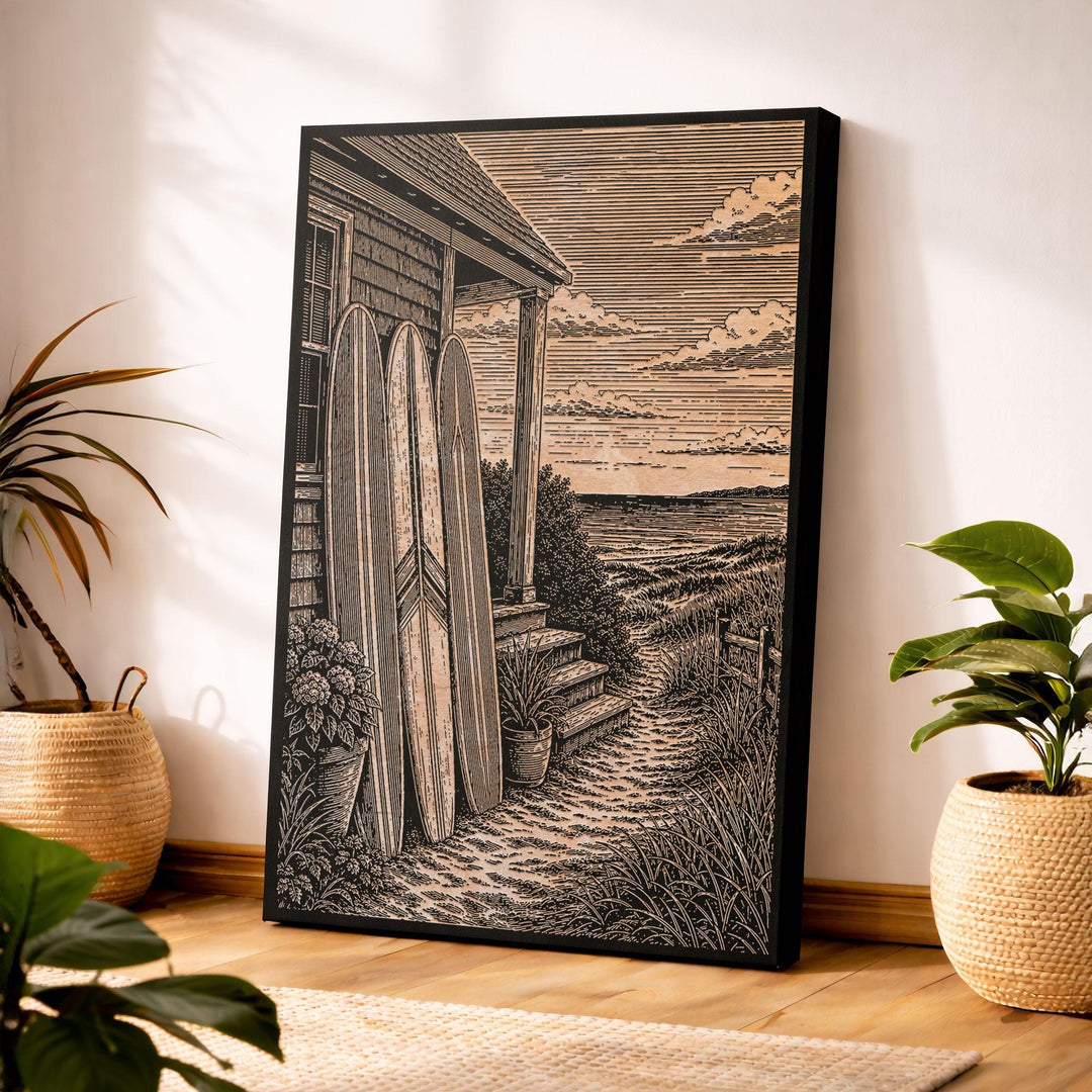 Surfboards by the Beach Cottage Engraved Illustration