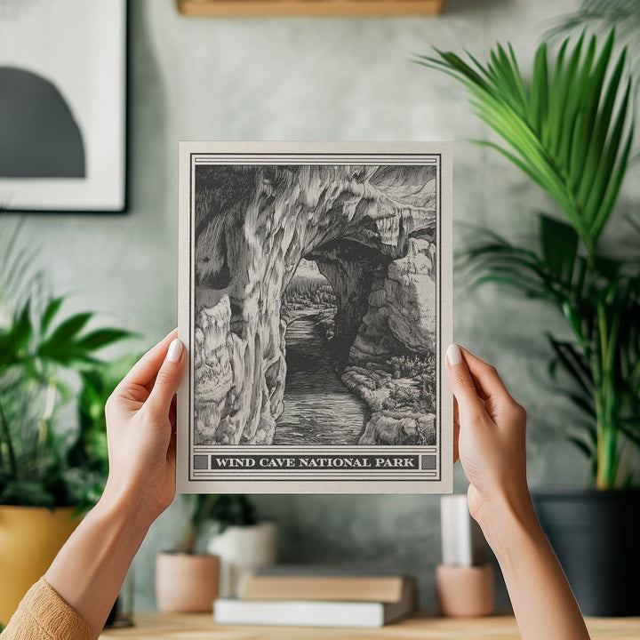 Wind Cave National Park Lithograph Style Print - Vintage South Dakota archival matte fine art print. Cave Post Office &amp; Elk Room Travel Gift