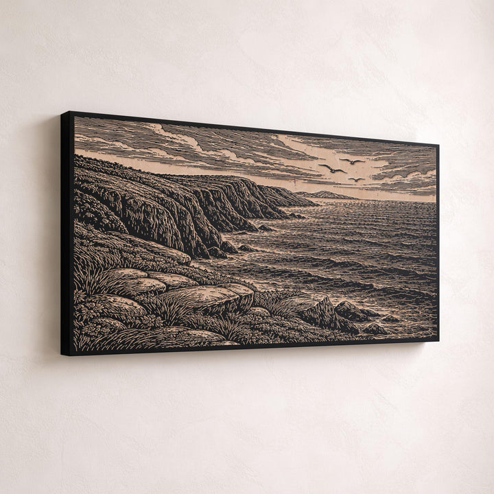 Coastal Cliffs and Crashing Waves Engraved Birch Art Panel