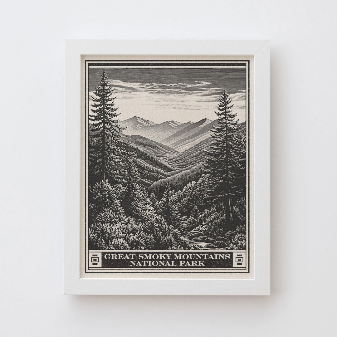 Great Smoky Mountains National Park Lithograph, Vintage Tennessee &amp; North Carolina poster design, archival quality matte fine art print gift