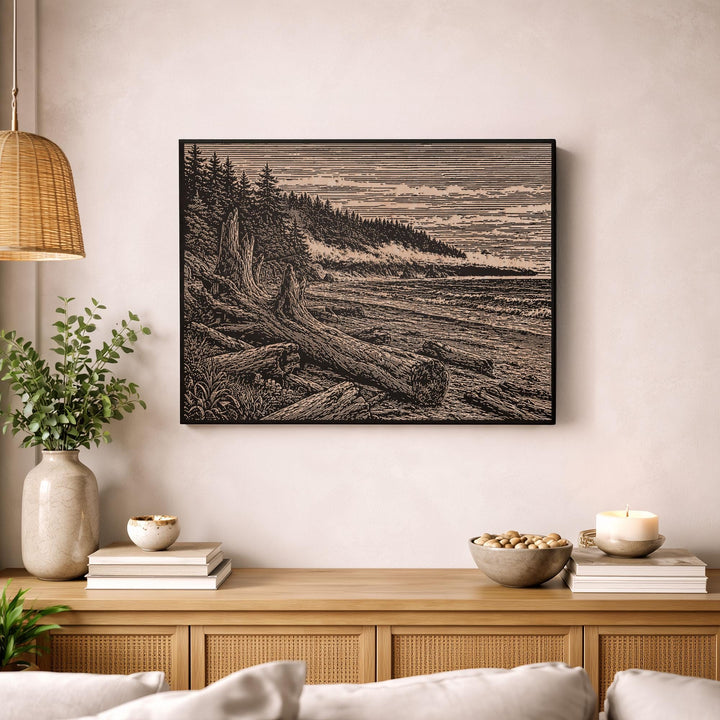 Driftwood Beach and Fog Line Engraved Birch Art Panel