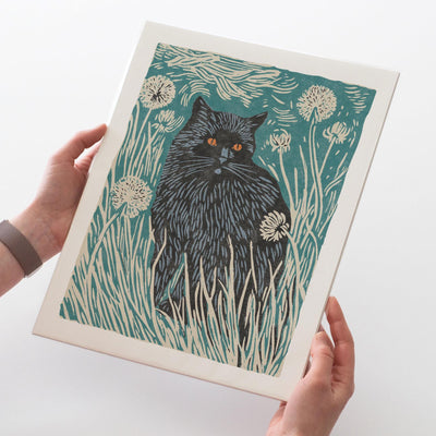 Black Cat in Dandelions Art Print