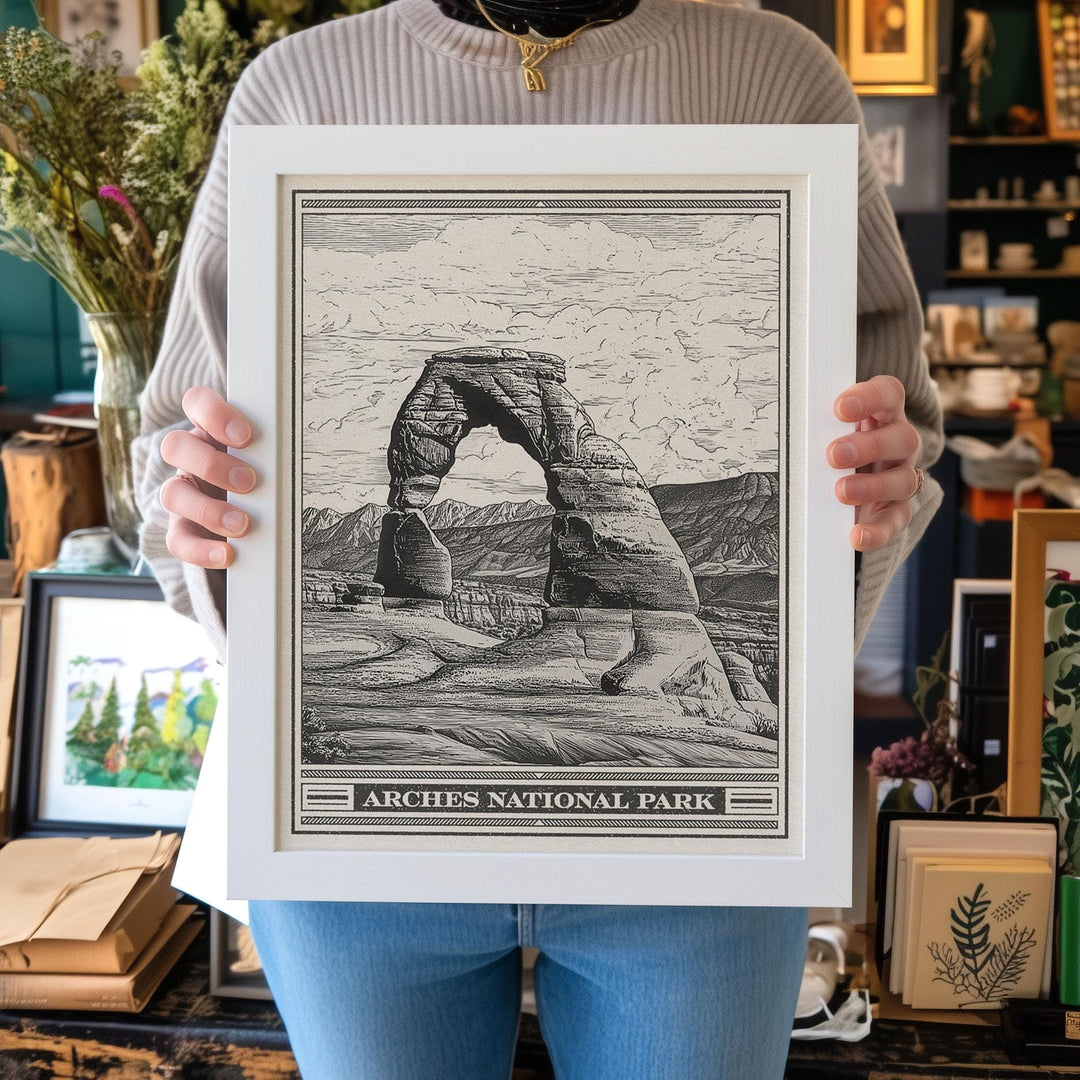 Arches National Park Lithograph Style Print - Vintage Utah archival matte fine art print. Delicate Arch of La Sal Mountains. Desert Gift.