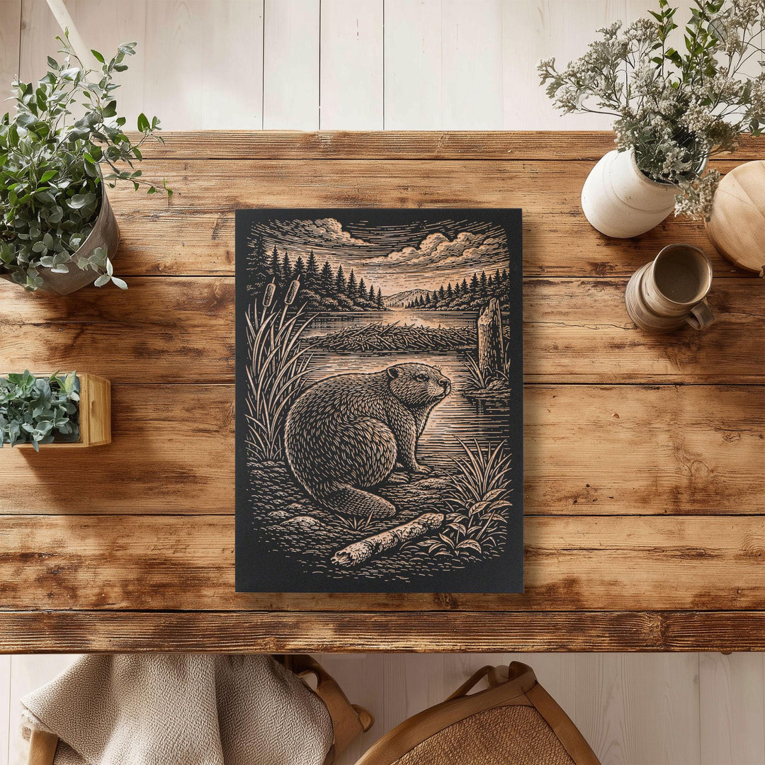 Beaver at Wetland Edge Engraved Birch Art Panel