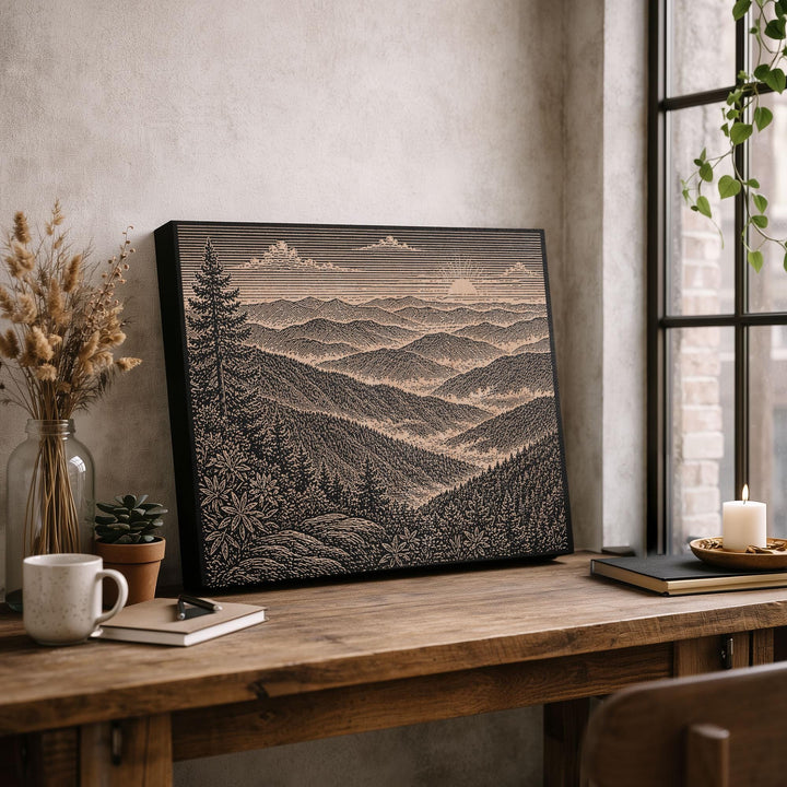 Smoky Mountain Ridges Engraved Birch Art Panel