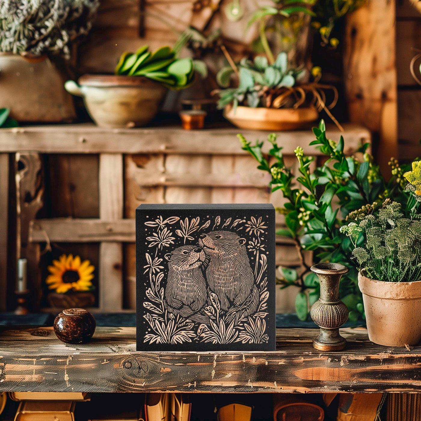 Otters Engraved Birch Wood Panel