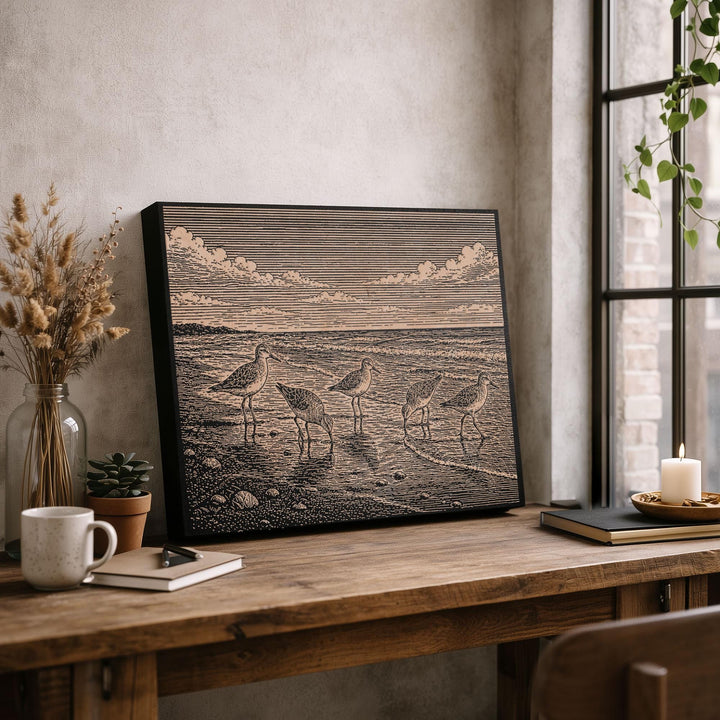 Shorebirds at the Waterline Engraved Birch Art Panel