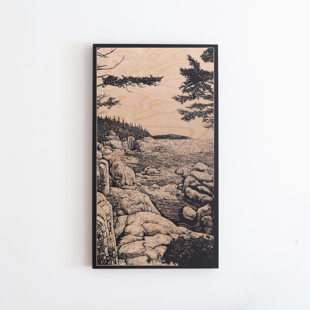 Acadia National Park Engraved Birch Wood Panel | Block Print Inspired Maine Wall Art, Nature Illustration, Coastal Scene Home Decor Gift.