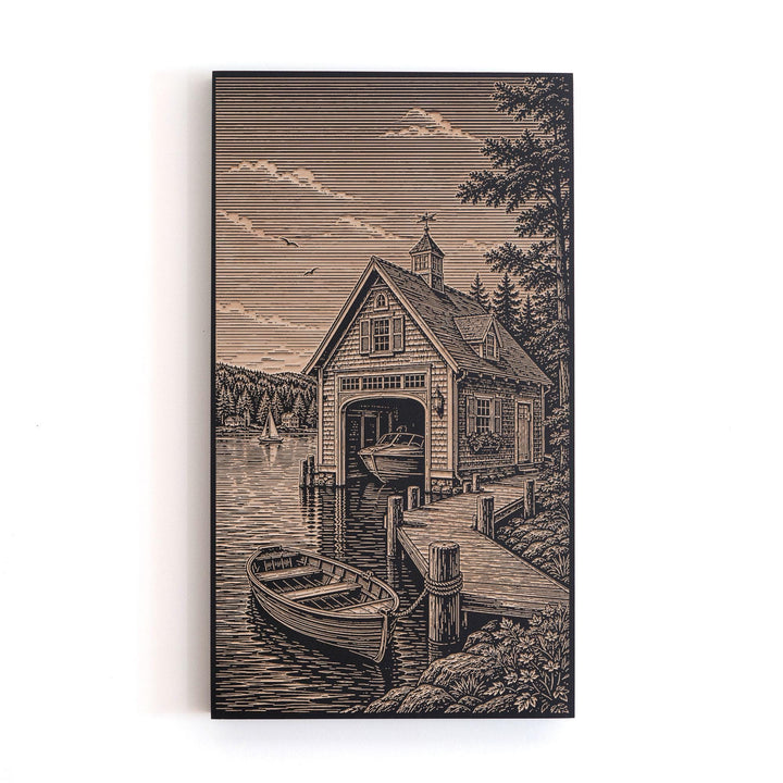 Lakeside Boathouse with Dock Engraved Illustration