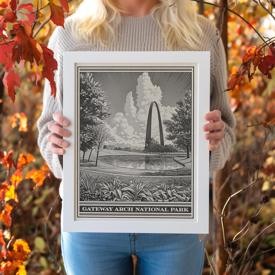 Gateway Arch National Park Lithograph Style Print - Vintage Missouri archival matte fine art print. Eero Saarinen St. Louis Monument Gift.