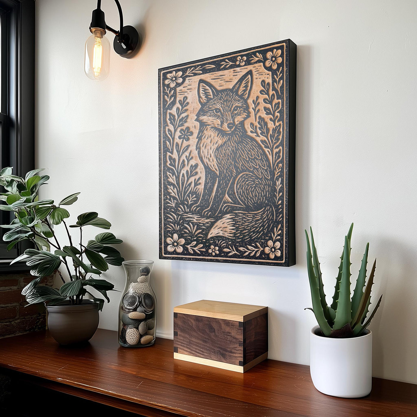 Fox in Wildflowers Engraved Birch Illustration