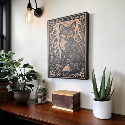 Fox in Wildflowers Engraved Birch Illustration