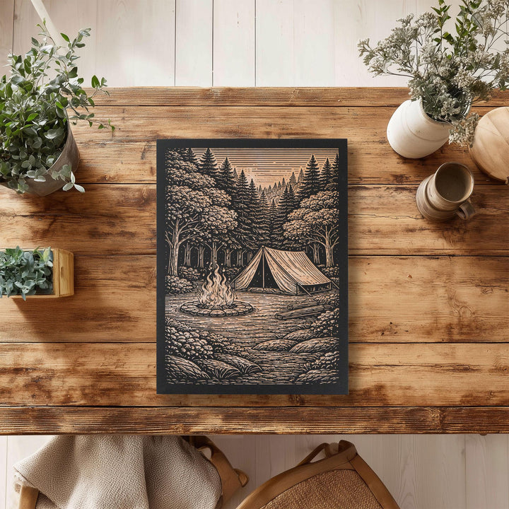 Campfire &amp; Tent in the Woods Engraved Illustration