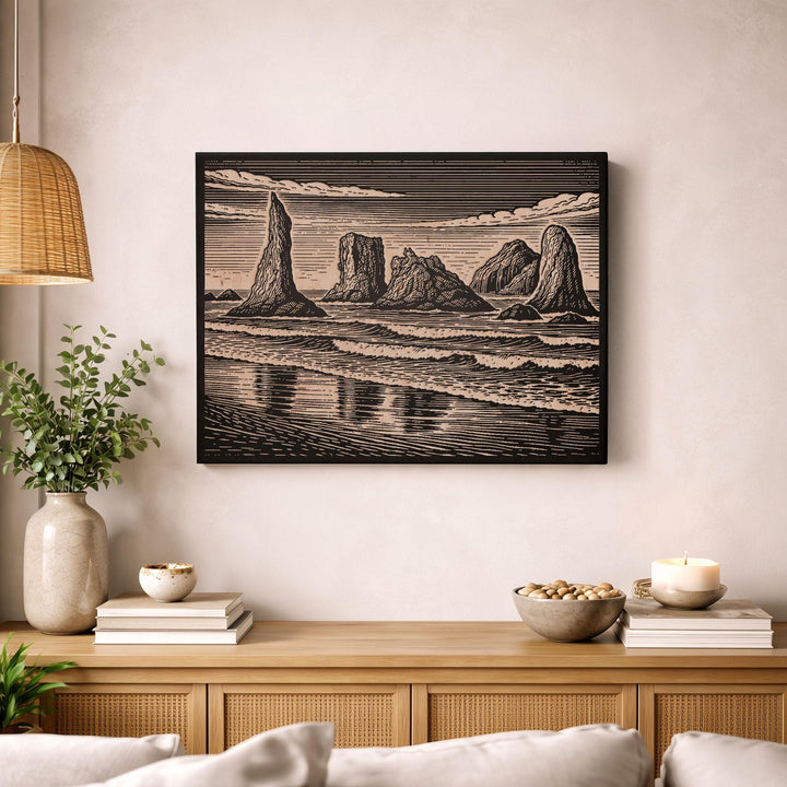 Bandon Beach Sea Stacks Engraved Birch Art Panel