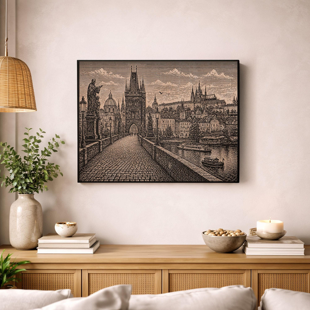 Prague Charles Bridge Engraved Birch Art Panel