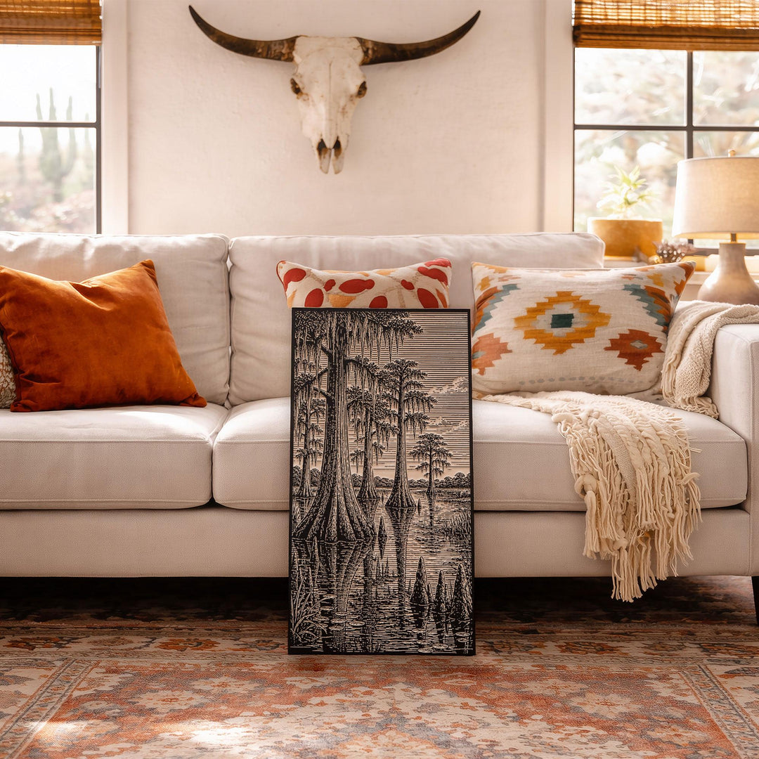 Bald Cypress Swamp Reflection Engraved Birch Art Panel